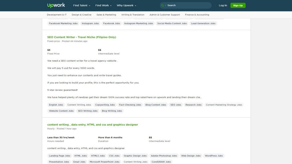 Freelance Writing in the Philippines: Screenshot of Upwork