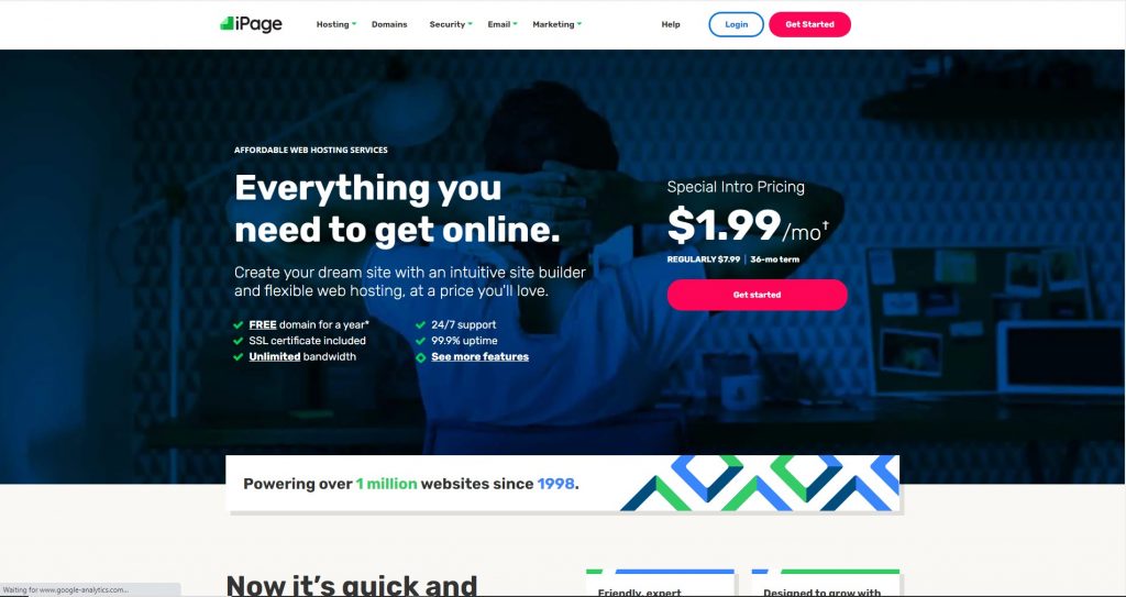 A screenshot of iPage's homepage.