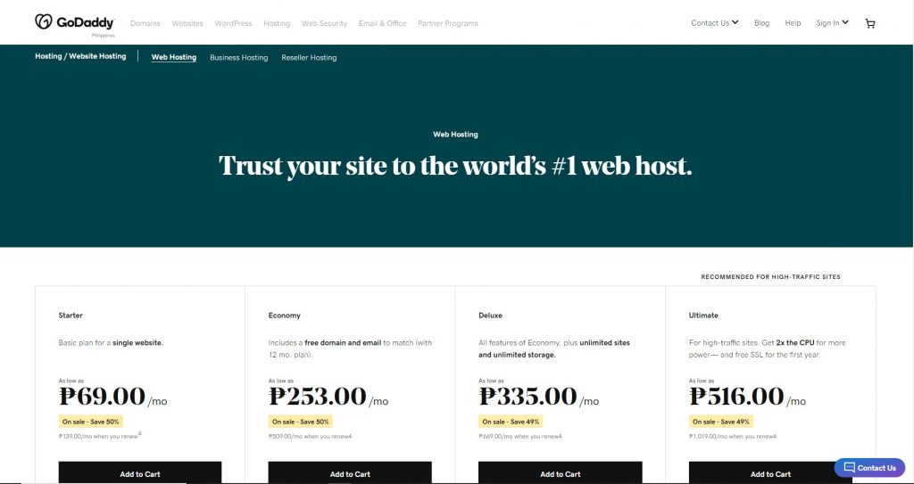A screenshot of Go Daddy's web hosting pricing.