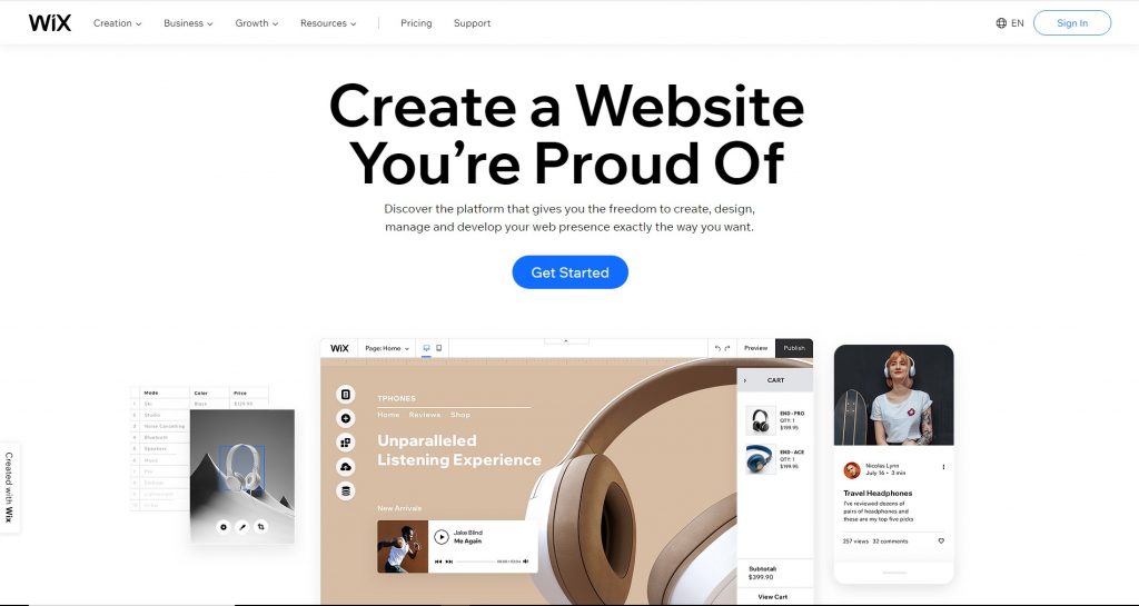 A screenshot of Wix homepage